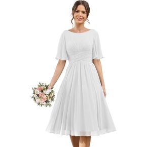Flutter Sleeve Short Bridesmaid Dresses with Pocket Ruched Chiffon Formal Cocktail Party Dress ZU132 in Saudi Arabia