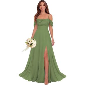 Women's Long Chiffon Cold Shoulder Bridesmaid Dresses A Line Cowl Neck Pleated Evening Formal Gowns with Slit in Saudi Arabia