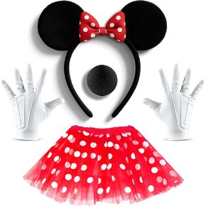 4 Piece Mouse Costume Accessory Set for Womens | Mouse Ears Headband, Red Polka Dot Tutu Skirt, Nose and White Gloves | Perfect for Theme Park Role Play Christmas School Play Dress Up in Saudi Arabia