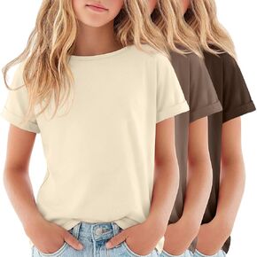 3 Pack Girls' Short Sleeve T Shirts Kids Boat Neck Summer Basic Tops Rolled Cuff Casual Loose Fit Tee 5-14 Years in Saudi Arabia