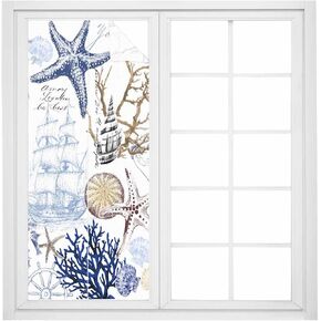 Window Privacy Film Frosted, Blue Brown Coastal Non-Adhesive Static Cling Window Tint, Summer Beach Nautical Coral Starfish Insulated Windows Frosted Films for Living Room, 35.4 x 78.7 Inches in Saudi Arabia