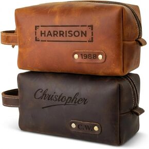 Personalized Toiletry Bag for Men – Genuine Leather Dopp Kit with Custom Engraved Name or Initials – Travel Shaving Bag Gift for Dad, Husband, Groomsmen, Boyfriend, Christmas, Birthday, Anniversary in Kuwait