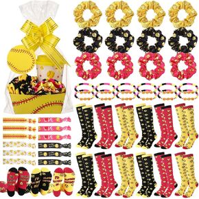 108 Pcs (12 Sets) Softball Team Gifts Party Favors Include Softball Socks, Gift Baskets Plastic Cups with Lids Straws Bracelets Hair Scrunchies Hair Ties Name Tags Yellow Ribbon Bows Clear Basket Bags in Saudi Arabia