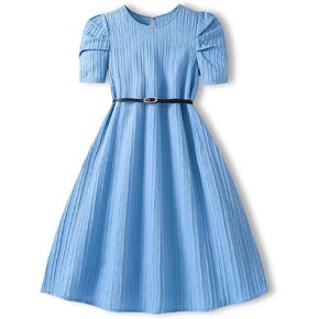 Girls Summer Dresses Blue Kid Short Puff Sleeve Flowy Dress with Belt Ruffle Fashion for 13-16 Y in Saudi Arabia