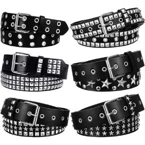 6Pcs Studded Belt Set for Men & Women - Punk Gothic Rivet Faux Leather Belts with Double Grommet, Square Studs, Small & Large Star Designs Adjustable Waist Belt for Jeans Costume Party Gift in Saudi Arabia