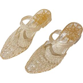 Women's Closed Pointed Toe Chunky Heel Jelly Mules Glitter Clear Slip On Hollow Out Low Heel Slide Sandals Soft Non-Slip Transparent Jelly Shoes in Saudi Arabia