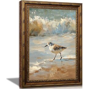Vintage Framed Coastal Wall Art, Impressionist Sandpiper Bird Oil Painting, Antique Gold Ornate Frame, Seaside Ocean Waves Canvas Decor for Beach House, Bathroom, Living Room 11" L x 9" W in Saudi Arabia