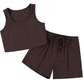 Girls 2 Piece Outfits Ribbed Heart Graphic Sleeveless Tank Top and Drawstring Elastic Waist Short Sets in Saudi Arabia