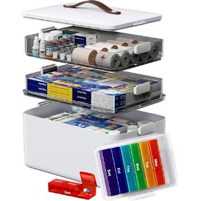 Medicine Storage Organizer, 4-Tier Medicine Box with 7-Day Pill Case, Clear Trays and Carry Handle, Empty First Aid Storage Case for Pills and Bottles in Saudi Arabia