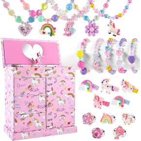 Unicorn Music Jewelry Box for girls with 21PCS Jewelrys - 5 Necklaces, 5 Bracelets, 5 Rings, 5 Hair Clips, Little Girls Jewelry Kids Mermaid Necklace for girls, Toddler Birthday Christmas Gift Age 3 4 6 8 in Saudi Arabia