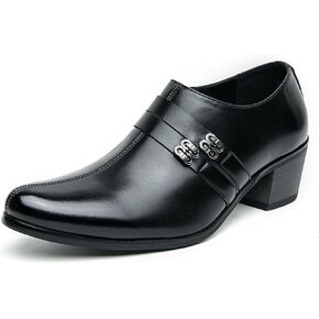 Men's Black Genuine Leather Slip On Dress Loafers with Metal Buckle Medium Chunky Block Heel Pointed Toe Comfortable Shoes for Formal Business Office Work Party Wedding in Saudi Arabia