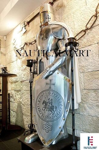 NauticalMart درع فارس القرون الوسطى | بدلة صليبية يمكن ارتداؤها | عيار 18 فولاذ | بدلة كاملة من الدروع مع الخوذة الصليبية | لإعادة تمثيل ولعب الأدوار in Kuwait