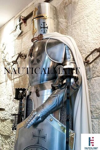 NauticalMart درع فارس القرون الوسطى | بدلة صليبية يمكن ارتداؤها | عيار 18 فولاذ | بدلة كاملة من الدروع مع الخوذة الصليبية | لإعادة تمثيل ولعب الأدوار in Kuwait