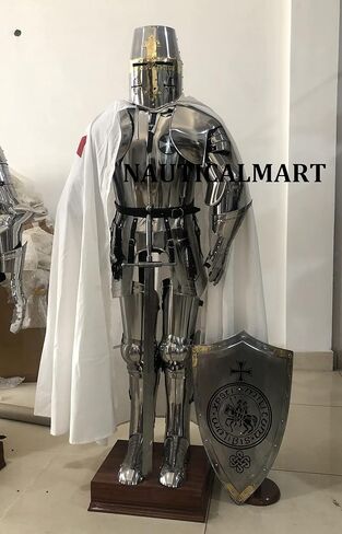 NauticalMart درع فارس القرون الوسطى | بدلة صليبية يمكن ارتداؤها | عيار 18 فولاذ | بدلة كاملة من الدروع مع الخوذة الصليبية | لإعادة تمثيل ولعب الأدوار in Kuwait