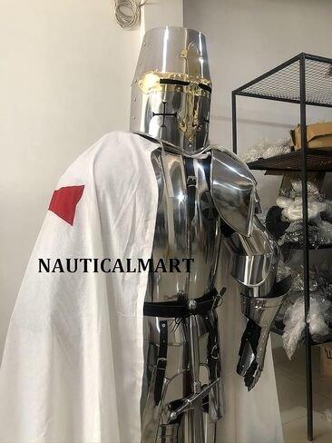 NauticalMart درع فارس القرون الوسطى | بدلة صليبية يمكن ارتداؤها | عيار 18 فولاذ | بدلة كاملة من الدروع مع الخوذة الصليبية | لإعادة تمثيل ولعب الأدوار in Kuwait