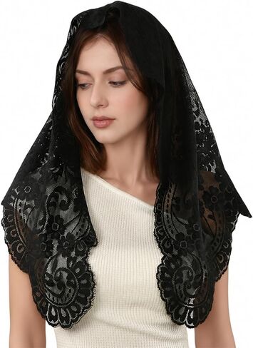 Triangle Mantilla Veil Lace Edge Catholic Church Chapel Veil, Christian Communion Head Covering Scarf for Women in Saudi Arabia