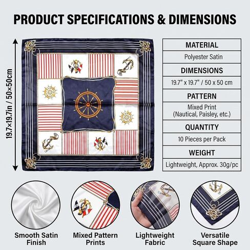UPSTORE 10 Pieces Square Scarf Women Pattern Printing Silk Satin Hair Headband Handkerchief Head Scarf 50 x 50 cm (Random Colour) in Kuwait