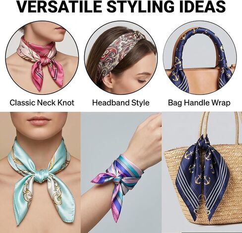 UPSTORE 10 Pieces Square Scarf Women Pattern Printing Silk Satin Hair Headband Handkerchief Head Scarf 50 x 50 cm (Random Colour) in Kuwait
