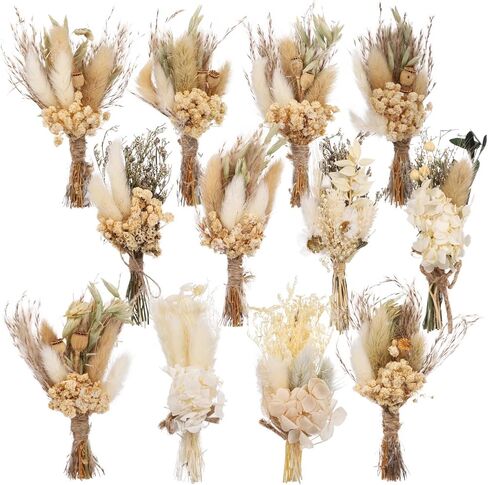 12 Pcs Mini Dried Flower Bouquets - Bohemian Wedding Boutonniere Decors, Rustic Floral Arrangements, Small Natural Dried Flowers for Crafts, Vases, Handcrafted with Jute Twine in Saudi Arabia