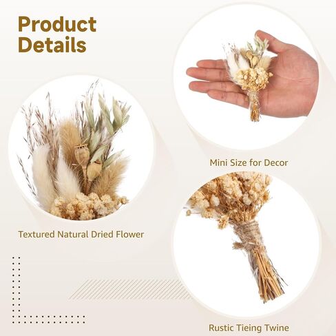 12 Pcs Mini Dried Flower Bouquets - Bohemian Wedding Boutonniere Decors, Rustic Floral Arrangements, Small Natural Dried Flowers for Crafts, Vases, Handcrafted with Jute Twine in Saudi Arabia