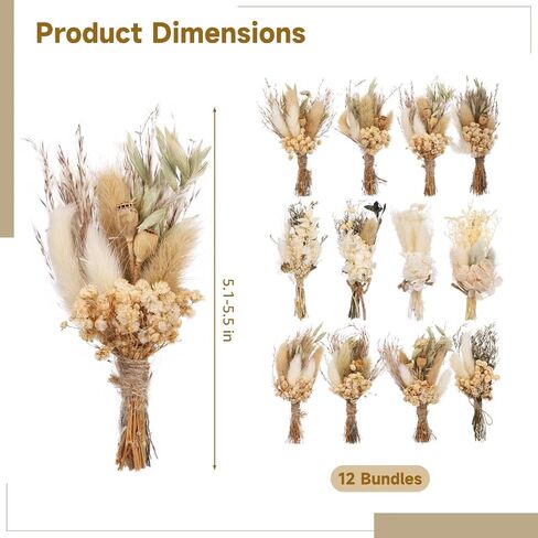 12 Pcs Mini Dried Flower Bouquets - Bohemian Wedding Boutonniere Decors, Rustic Floral Arrangements, Small Natural Dried Flowers for Crafts, Vases, Handcrafted with Jute Twine in Saudi Arabia