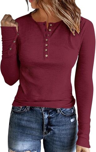 APOFER Women's Long Sleeve Lightweight Ribbed Knit Tunic Crew Neck Henley Shirt Slim Fit Tops Casual Blouses in Saudi Arabia
