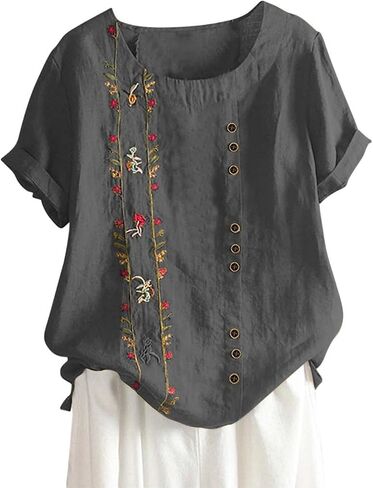 Linen Tops for Women Summer Plus Size Embroidered Cotton Button Down Shirts Oversized Blouse Fashion Boho Clothes in Saudi Arabia