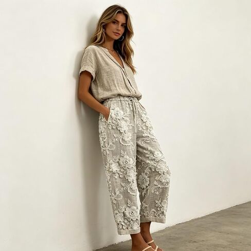 Gray 3D Floral Embroidered Pants for Women, 1-Piece Cropped Wide Leg Summer Trousers in Kuwait