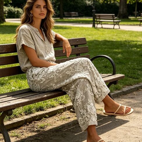 Gray 3D Floral Embroidered Pants for Women, 1-Piece Cropped Wide Leg Summer Trousers in Kuwait