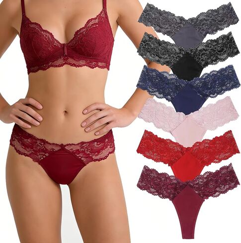 Sanftheit Women‘s Seamless Thong,Sexy Lace Underwear, Breathable Cotton Crotch,Ladies No Show Mid-Rise Panties,6-Pack in Saudi Arabia