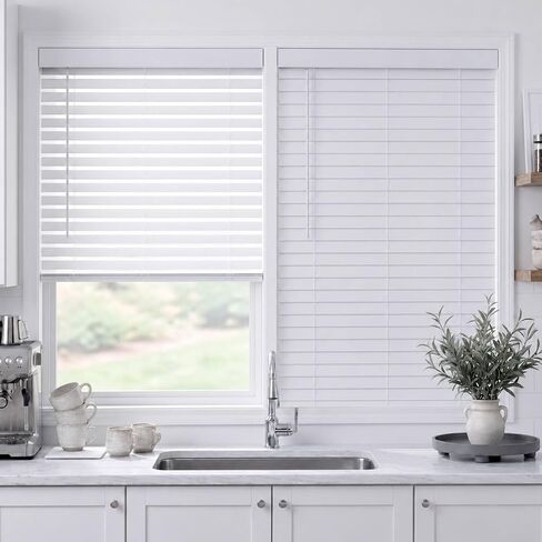 TEDNOVA 2" Cordless Faux Wood Blinds, Room Darkening Horizontal Window Blinds with Standard Valance, Moisture Resistant Blind for Bedroom, Bathroom and Kitchen, White, 22.5" W X 36" H in Kuwait