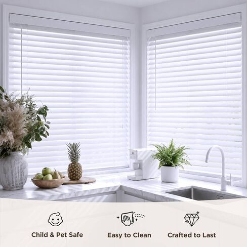 TEDNOVA 2" Cordless Faux Wood Blinds, Room Darkening Horizontal Window Blinds with Standard Valance, Moisture Resistant Blind for Bedroom, Bathroom and Kitchen, White, 22.5" W X 36" H in Kuwait