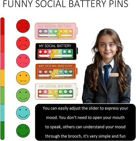 4 Pcs Social Battery Slider Pin,My Social Battery Slider Pin,My Battery Mood Creative Lapel Pin,Cute Expression Mood Pins For Introverts Interactive,For Backpacks Hat Clothing Scarves(4 Color) in Saudi Arabia