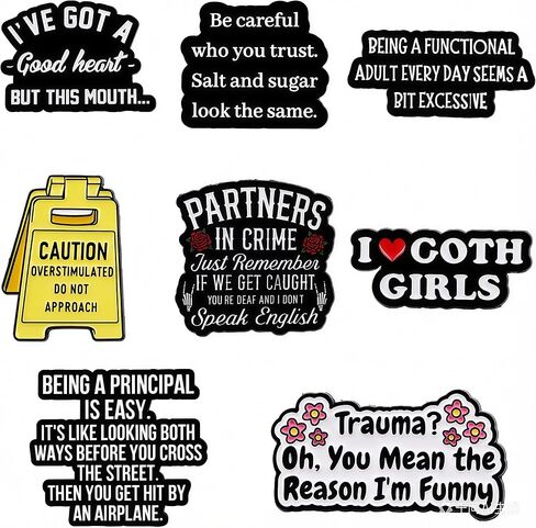 8 Pack Funny Sarcastic Enamel Pins for Backpack, 1 Zinc Alloy + 7 PVC Pin Set, ‘Caution Overstimulated’ Humor Lapel Pin, Relatable Gifts for Introverts Office Coworkers Jackets Hats Lanyards in Saudi Arabia