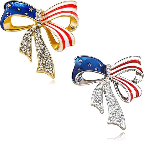 Coadipress 2PCS 4th of July Bowknot USA بروش للنساء والرجال أزياء أنيقة أحمر أزرق أبيض العلم الأمريكي حجر الراين المينا بروش دبوس يوم الاستقلال الوطني مجوهرات اكسسوارات in Kuwait