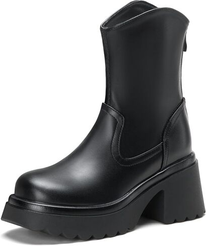 Women's Ankle Boots Platform Zipper Combat Booties Punk Chunky Block Mid Heel Round Toe Fashion Motorcycle Booties in Saudi Arabia