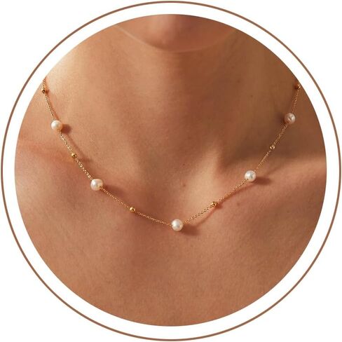 Pearl Necklace for Women, Dainty Pearls Choker Necklace for Women 14K Gold Plated Layered Pendant Necklace Handmade Gold Chain Necklace Everyday Jewelry Gift in Saudi Arabia