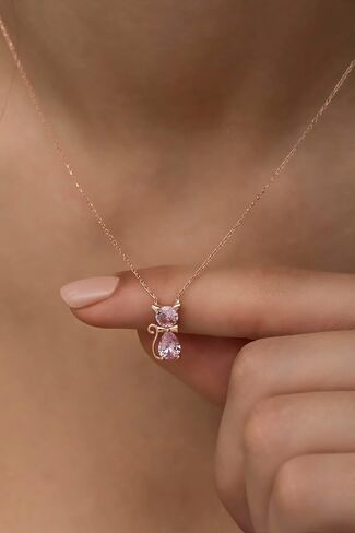 925 Sterling Silver Pink Stone Cat Necklace in Saudi Arabia