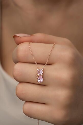 925 Sterling Silver Pink Stone Cat Necklace in Saudi Arabia