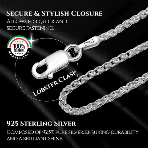 DSS 925 Sterling Silver Necklace for Women, Lobster Claw Clasps, Sterling Silver Chain, Italian Jewelry for Women - Made in Italy in Kuwait