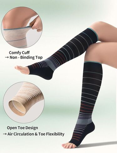 جوارب ضغط من الخيزران الفسكوز بدون أصابع للنساء والرجال للصيف - جوارب تبريد مفتوحة عند الأصابع لدعم الركبة، 18-25 مم زئبق in Kuwait