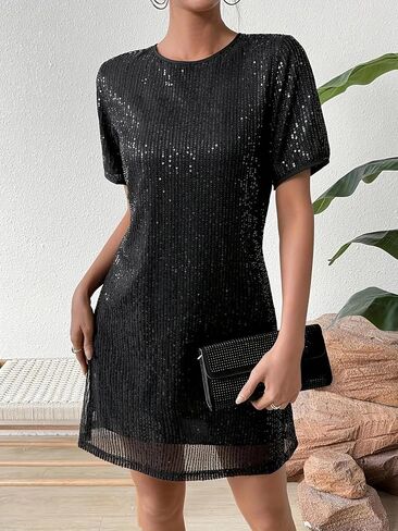 Women Sequin Short Sleeve T-Shirt Dress Casual Sparkly Mini Shift Dress for Party Daily in Kuwait