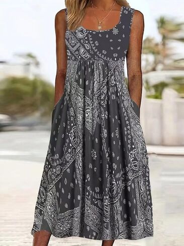 Women's Fashion Casual Elegant Resort Bohemian Style Random Print Pocket Vest Midi Dress in Kuwait