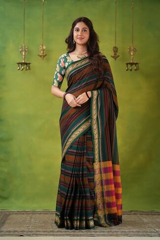 Narayanpeth Mercerized Cotton Saree with Multicolor Stripes, Traditional Border & Rich Pallu | Soft Lightweight Cotton Saree for Women in Saudi Arabia