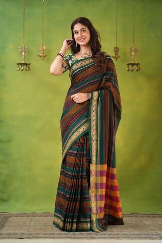 Narayanpeth Mercerized Cotton Saree with Multicolor Stripes, Traditional Border & Rich Pallu | Soft Lightweight Cotton Saree for Women in Saudi Arabia