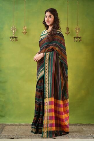 Narayanpeth Mercerized Cotton Saree with Multicolor Stripes, Traditional Border & Rich Pallu | Soft Lightweight Cotton Saree for Women in Saudi Arabia