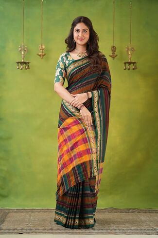 Narayanpeth Mercerized Cotton Saree with Multicolor Stripes, Traditional Border & Rich Pallu | Soft Lightweight Cotton Saree for Women in Saudi Arabia