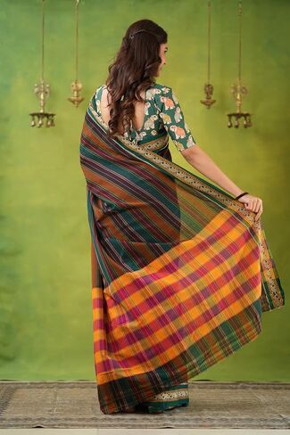Narayanpeth Mercerized Cotton Saree with Multicolor Stripes, Traditional Border & Rich Pallu | Soft Lightweight Cotton Saree for Women in Saudi Arabia