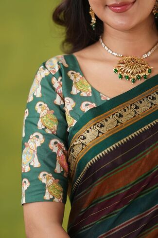 Narayanpeth Mercerized Cotton Saree with Multicolor Stripes, Traditional Border & Rich Pallu | Soft Lightweight Cotton Saree for Women in Saudi Arabia