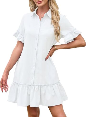 Ellames Women's 2026 Summer Casual Shirt Dress Relaxed Fit Ruffled Sleeve and Hem Shift Mini Dresses with Pockets in Saudi Arabia